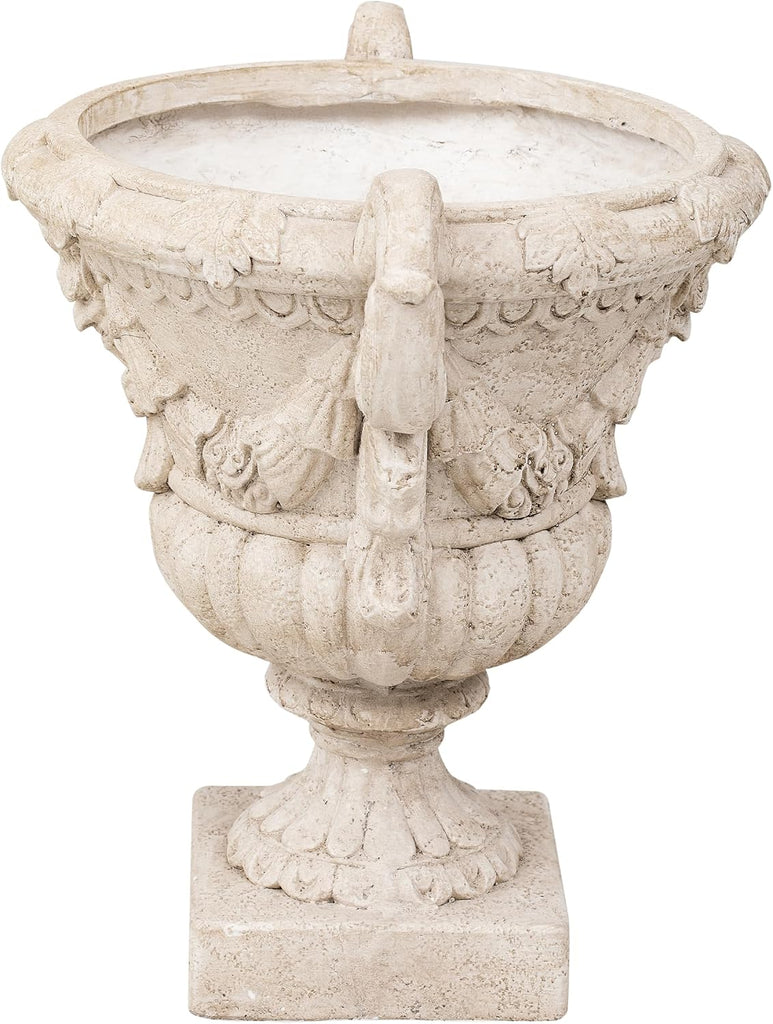 2-Piece 21.65" H Classical Mythological Relief Urn Planter, MGO Pedestal Flower Pot with Ornate Scroll Handles