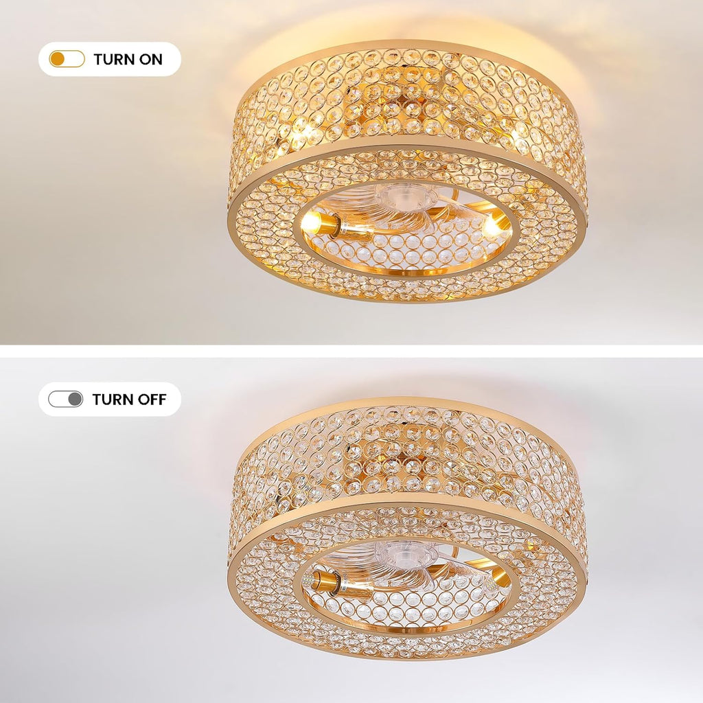 20" Caged Crystal Ceiling Fan with Lights Flush Mount Gold Fandelier Low Profile Chandelier Fan Enclosed Ceiling Fan