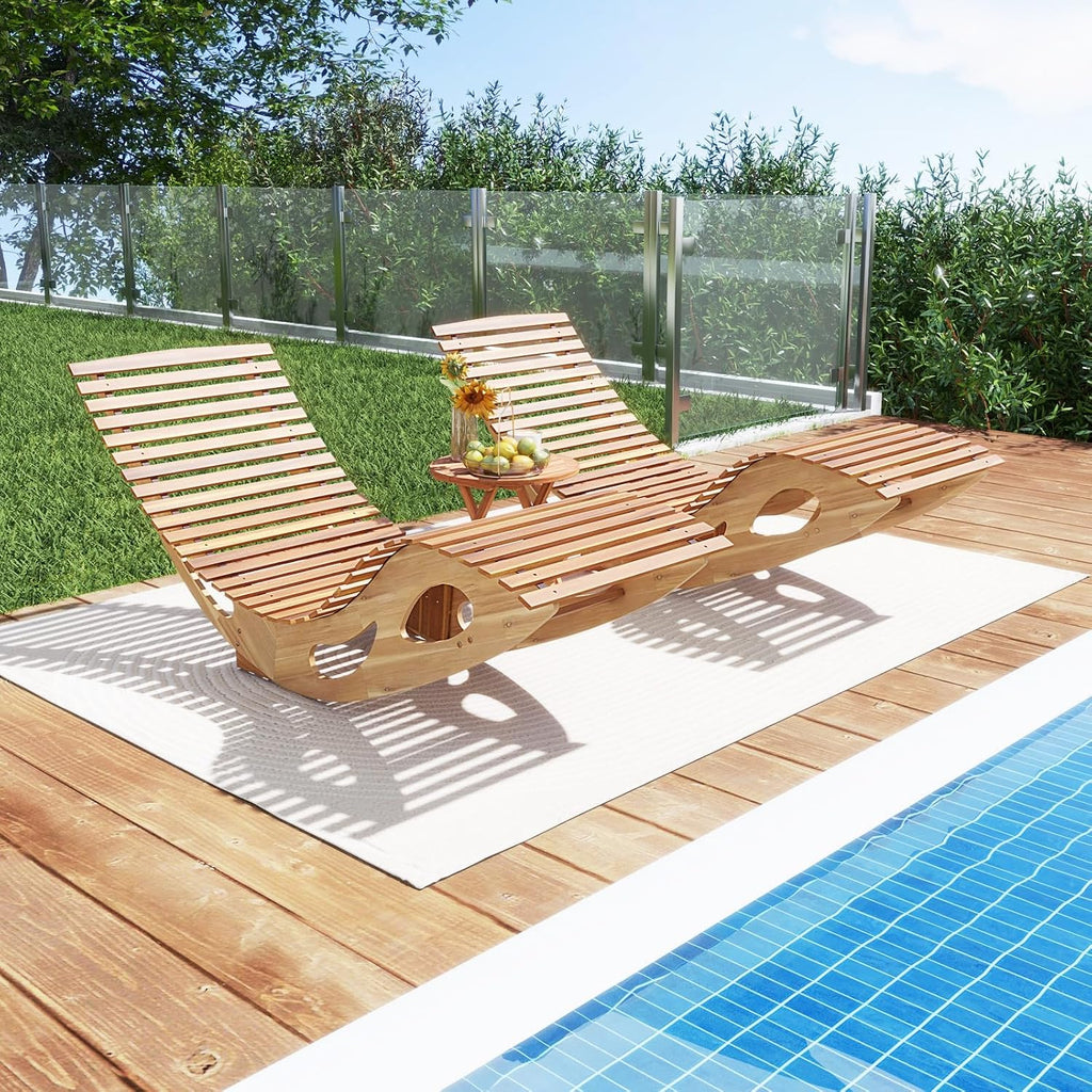Outdoor Chaise Lounge Chair Set of 2, Acacia Wood Rocking Sun Lounger with Slatted Backrest and Seat, Wooden Rocker