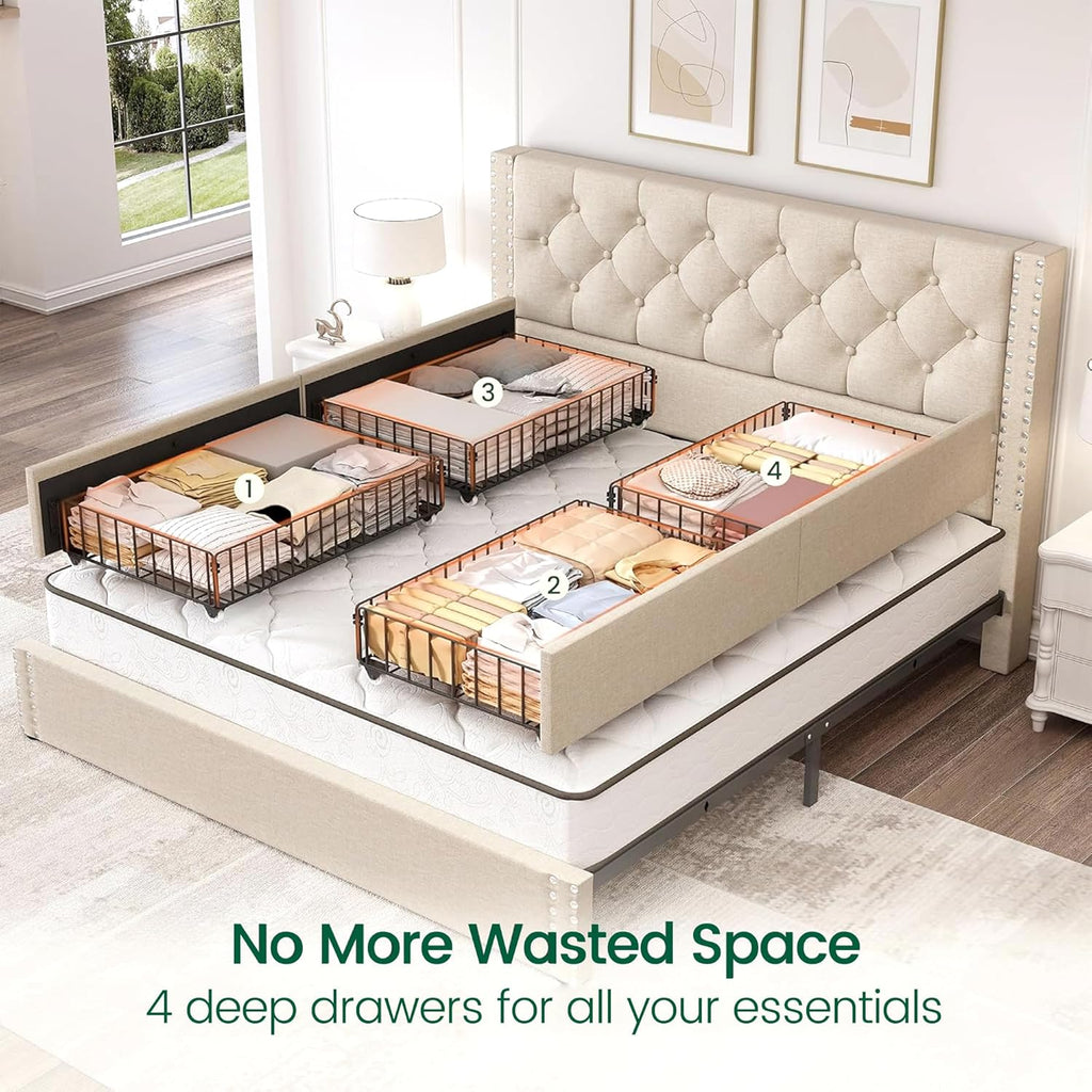 Queen Bed Frame with 4 Storage Drawers and Tufted Headboard Linen Upholstered Platform Bed Frame with Heavy Duty Wood