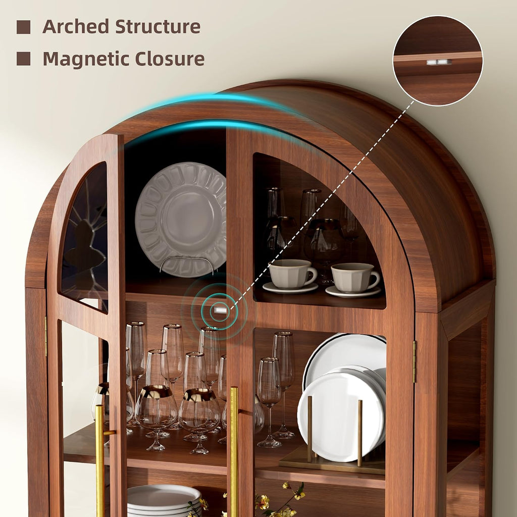 71" Arched Display Cabinets with LED Lights and Glass Doors,Brown | Curio Cabinet and 2 Drawers, Human Sensor Lights