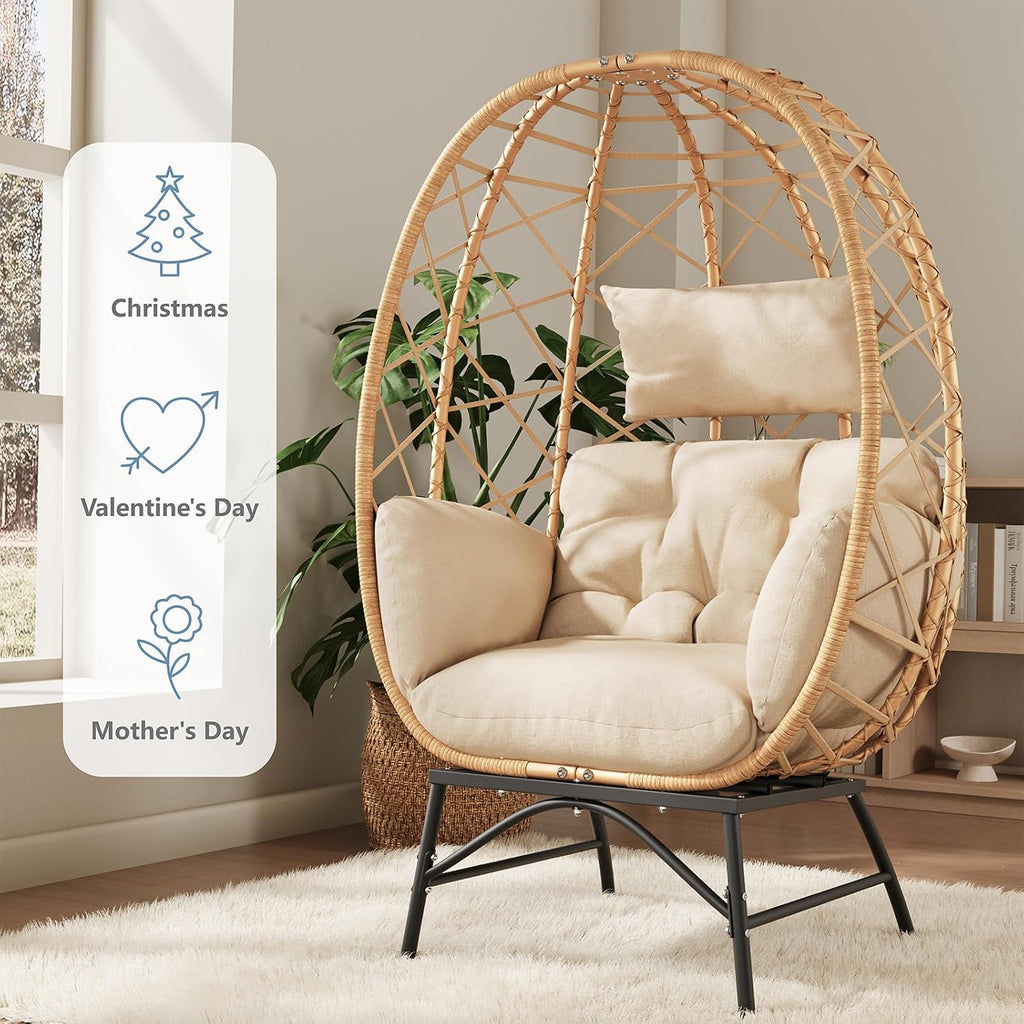 Wicker Egg Chair Outdoor, Oversized Patio Lounge Chairs with Cushion for Indoor Living Room, Bedroom, Outside