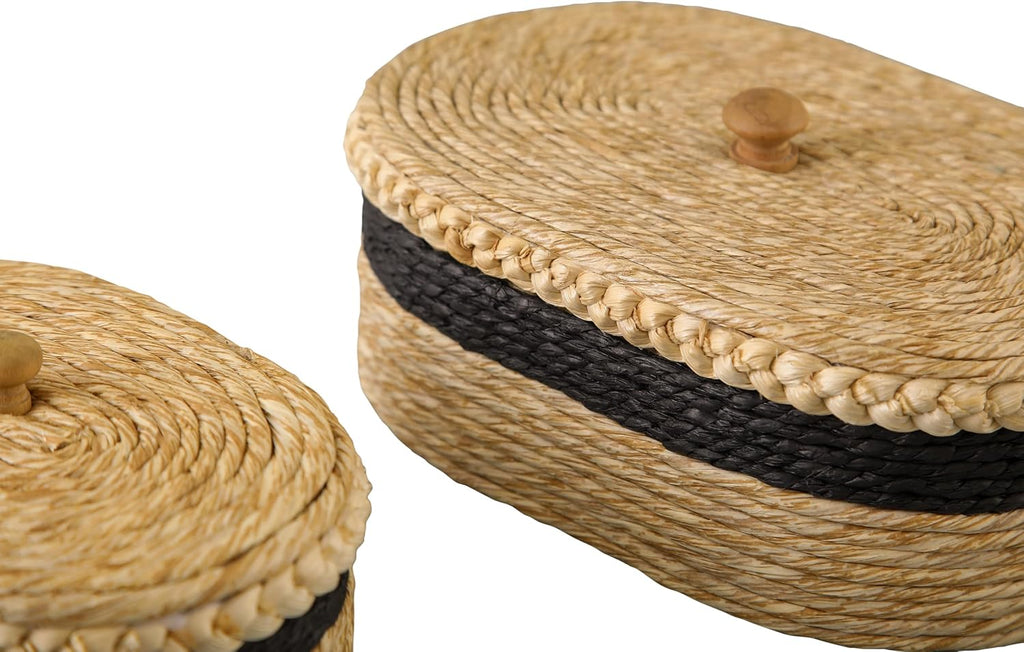 Set of 2 Woven Basket with Lid, Oval Decorative Storage Rattan Box for Shelf Decor/Organization, Boho Jewelry