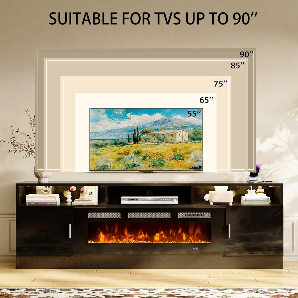 80" Fireplace TV Stand with Power Outlet for TVs UP to 90", Electric Fireplace Entertainment Center with LED Lights & Storage Cabinets, TV Console for Living Room, Office, Black-Black