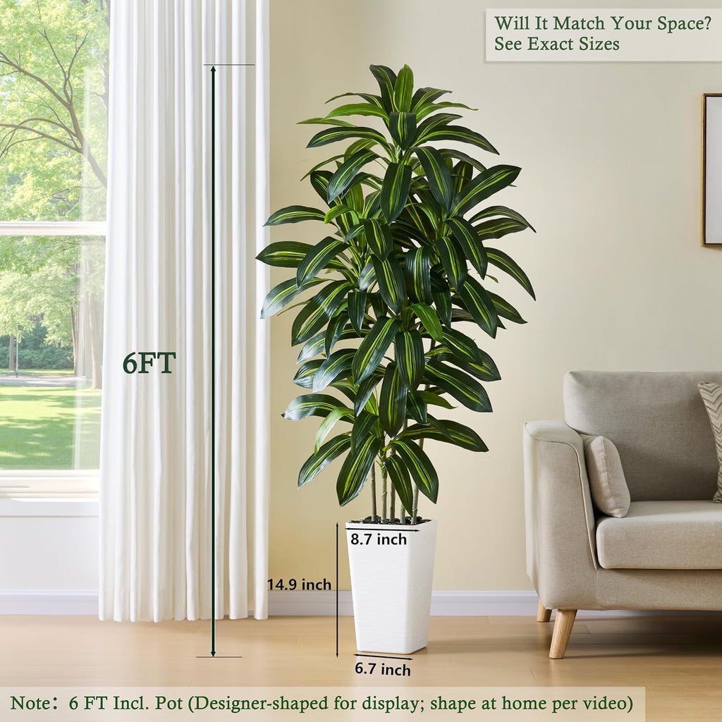 Artificial Dracaena Tree:6FT Faux Silk Tropical Yucca Floor Trees Realistic Fake Green Plant with Natural Wood Trunk