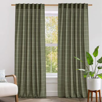 Moss Green Linen Plaid Curtains 96 inches Long