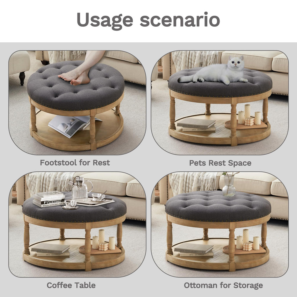 33" Large Round Ottoman Coffee Table with Storage, Upholstered Button Tufted Linen Footrest Ottoman with Wood Storage