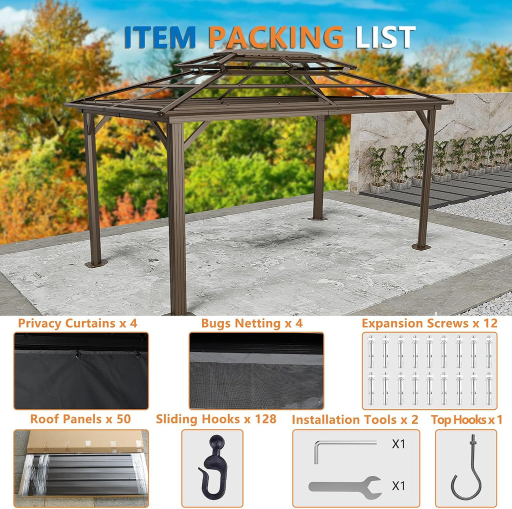 10x15 Hardtop Gazebo On Clearance with Heavy Duty Galvanized Steel Metal Roof - Brown