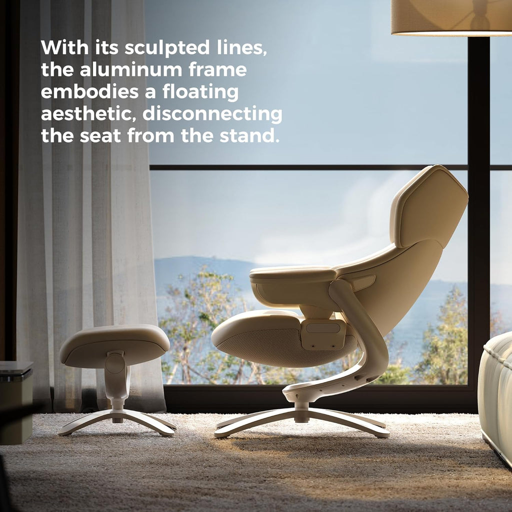 Modern Reclining Swivel Lounge Chair and Ottoman — White Genuine Leather