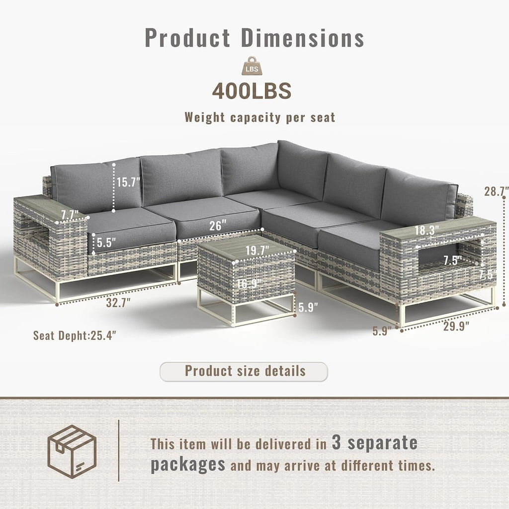 6-Piece Outdoor Patio Furniture Set, Modern PE Wicker Outdoor Sectional Sofa with Storage Armrests & 5.5" Thick