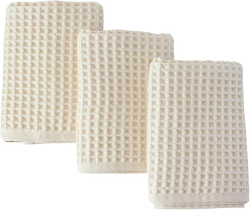 Natural 100% Turkish Cotton Waffle Kitchen and Hand Towels, 3-Piece | Raw-Undyed 32x16" Large Soft Absorbent