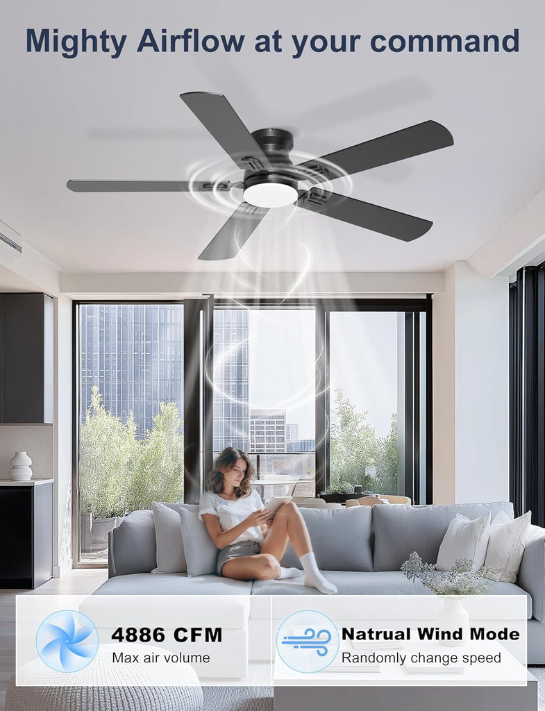 52'' Flush Mount Ceiling Fan with Lights, Space-Saving Low Profile for Low Ceilings, App/Remote Control
