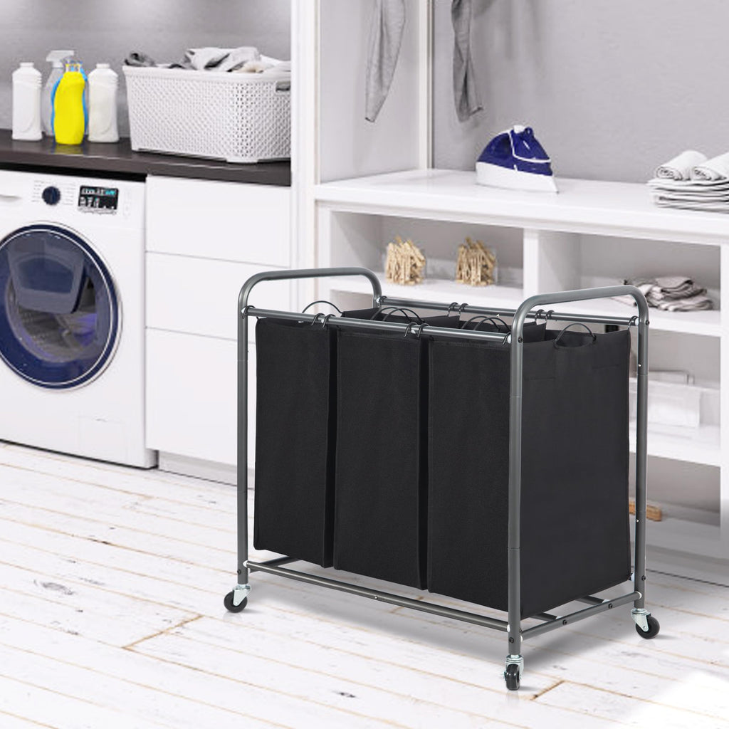 3 Section Laundry Sorter, Laundry Hamper with Wheels, Black