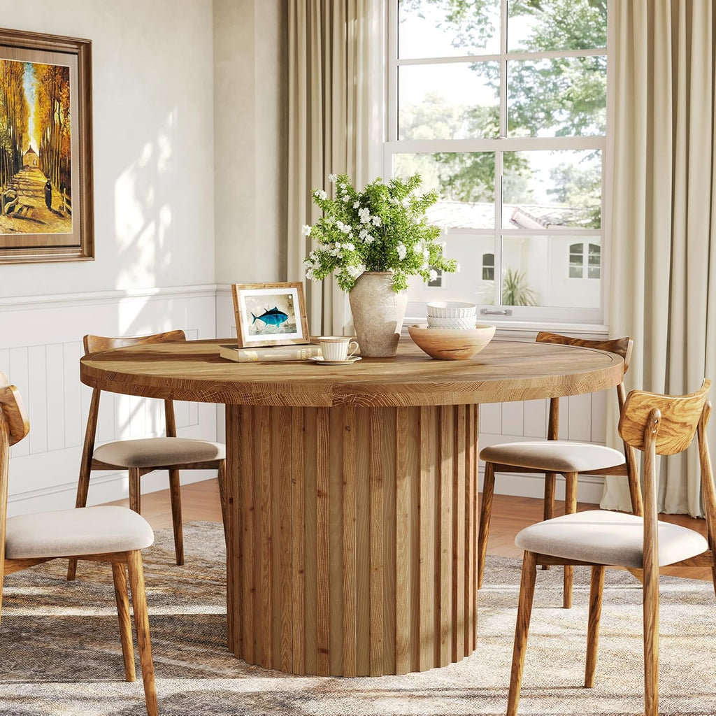47" Solid Wood Dining Table for 4-6, Farmhouse Round Kitchen Table with Striped Pedestal Base, Circle Wooden Dining