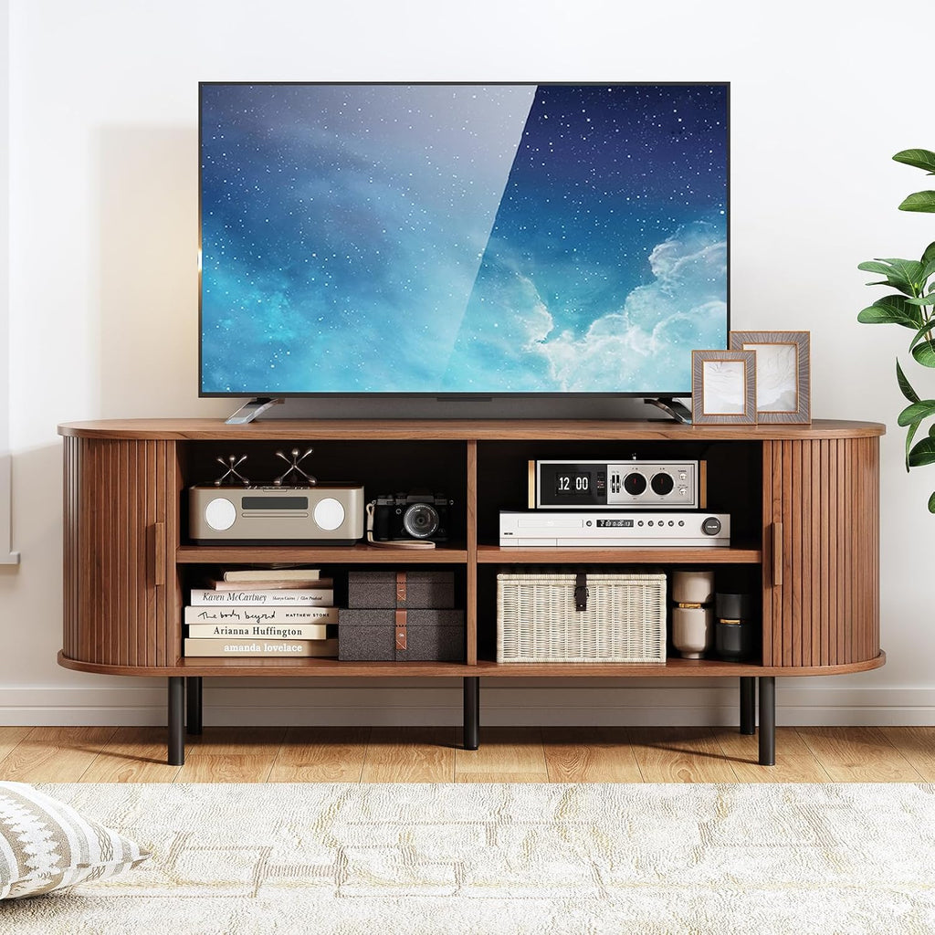 55" TV Stand with Power Outlet, Mid-Century Modern Television Stand, Fluted Media Console with Sliding Doors