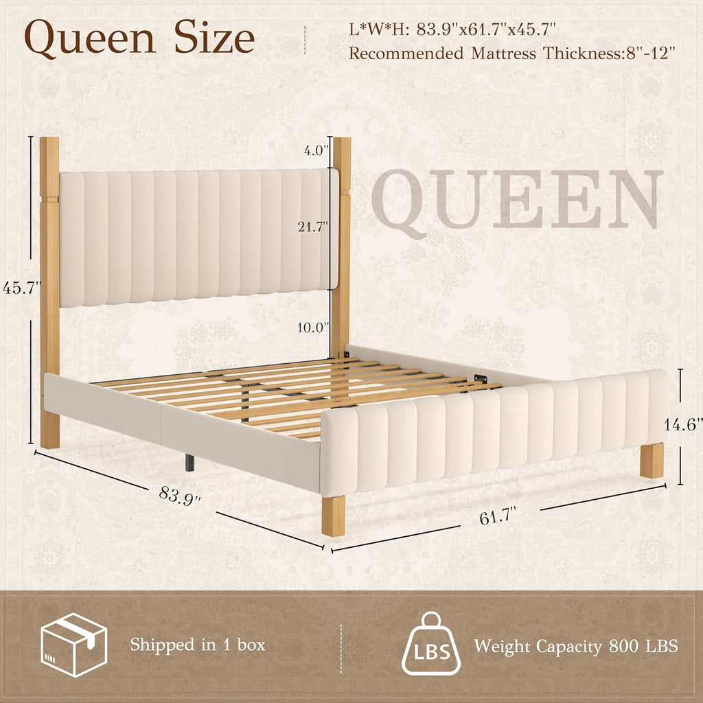 Queen Bed Frame with Headboard, Solid Wood Bed Frame Queen, Platform Bedframe Noise Free, No Box Spring Needed, Beige