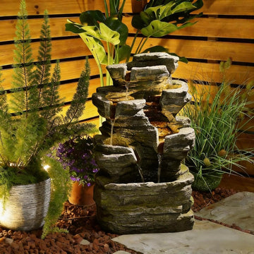 24.2" H Rock Cascading Water Fountain Outdoor&Indoor, 6-Tier Garden Fountains, Floor-Standing Waterfall with Lights