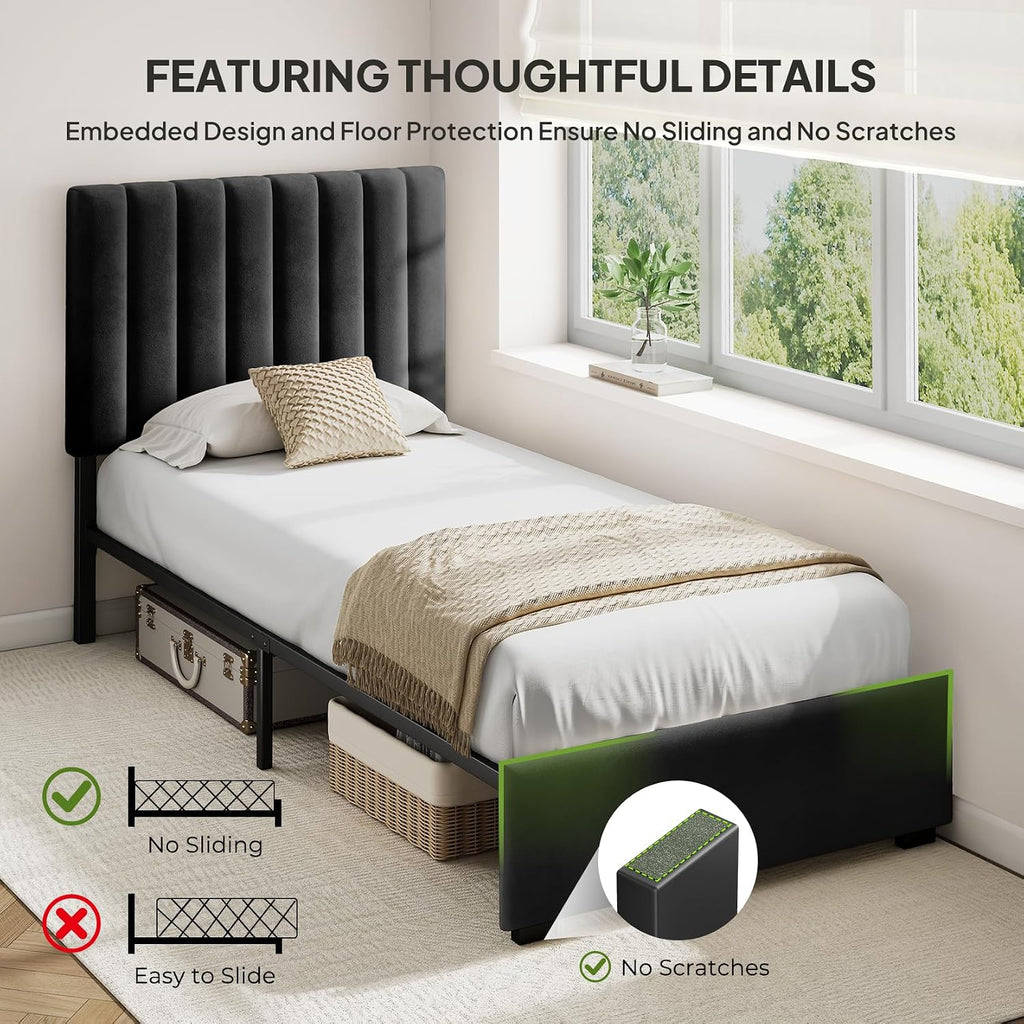 Twin Velvet Upholstered Bed Frame with Headboard for Kids, Black | Soft Velvet, Metal Platform Storage Bed, Vertical