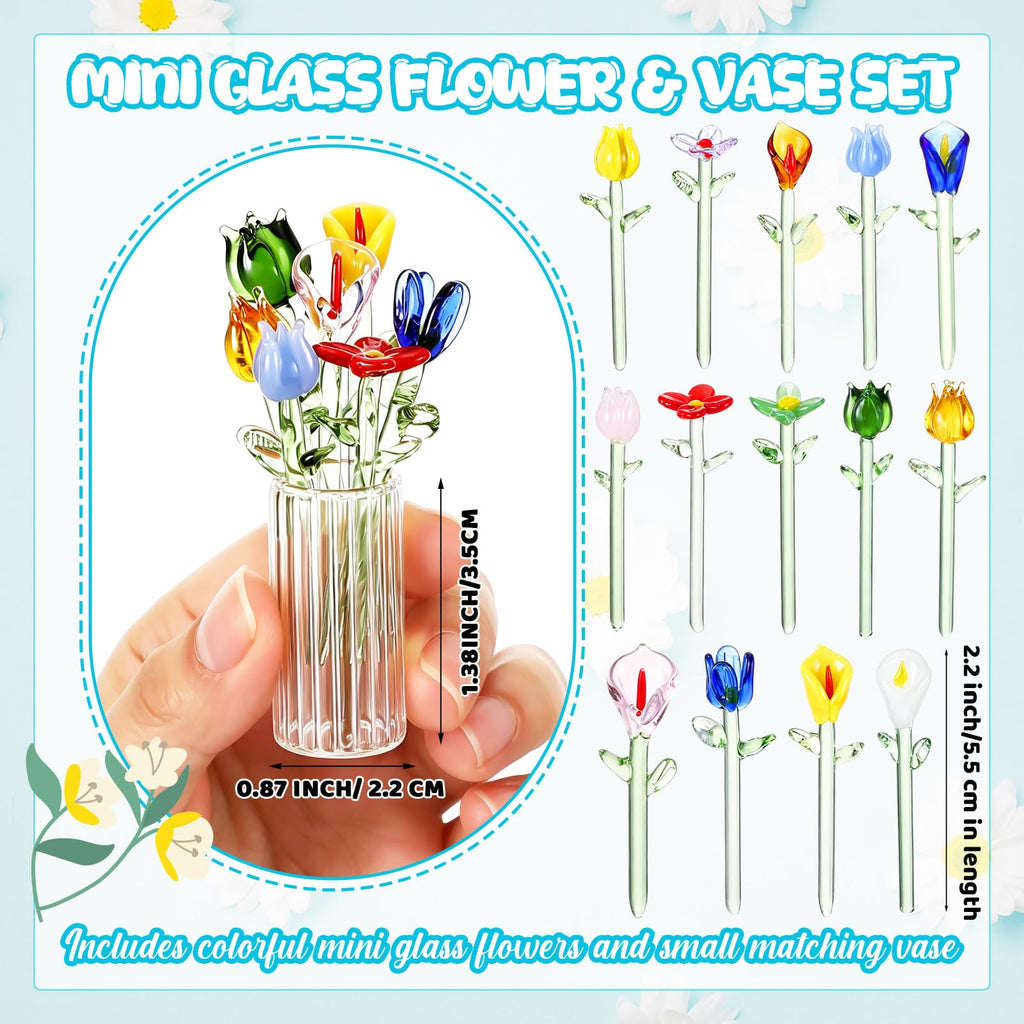 14 Pcs Mini Glass Flower Leave with Stems and 2 Vase Set, Style 2