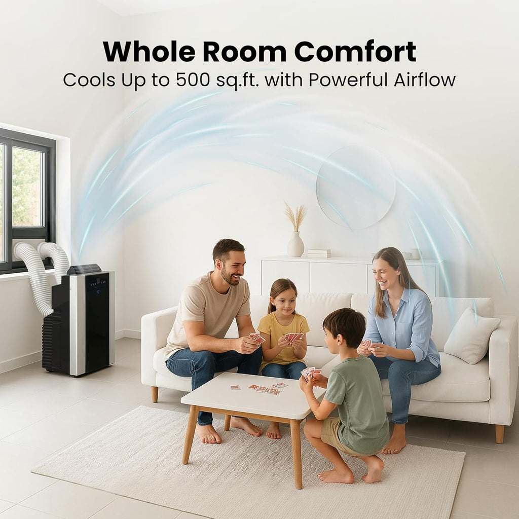 Portable Air Conditioner 14,000 BTU with Dual Hose Dehumidifier & Cooling Fan for 500 Sq Ft Rooms