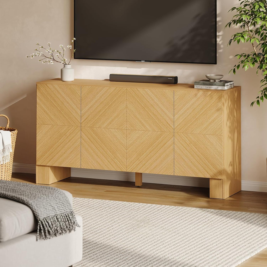 63 Inch Buffet Cabinet with Storage, Wood Credenza Storage Cabinet with 4 Doors, Large Modern Sideboard Buffet with