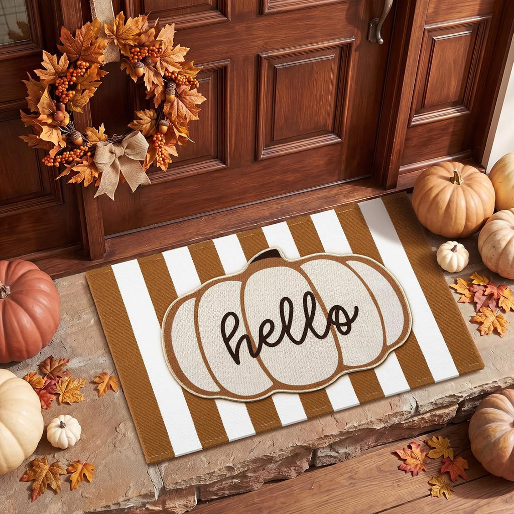 24" X 36" Pumpkin Layered Doormat Set for Front Door | Pumpkin Pattern, Brown and White Striped Layering Rug, Linen