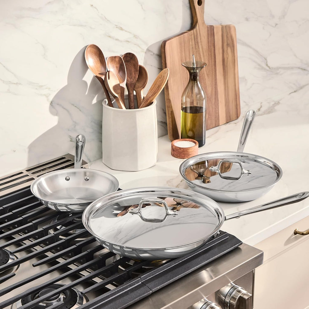 D3 Stainless Steel 5 Piece Frypan Set- USA- Includes 8", 10" and 12" Frying Pans With Lid - Professional Grade -Oven