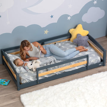 Twin Floor Bed with Safety Guardrails for Kids, Montessori Inspired with Rails and 2 Openings, Twin Size Bed Frame