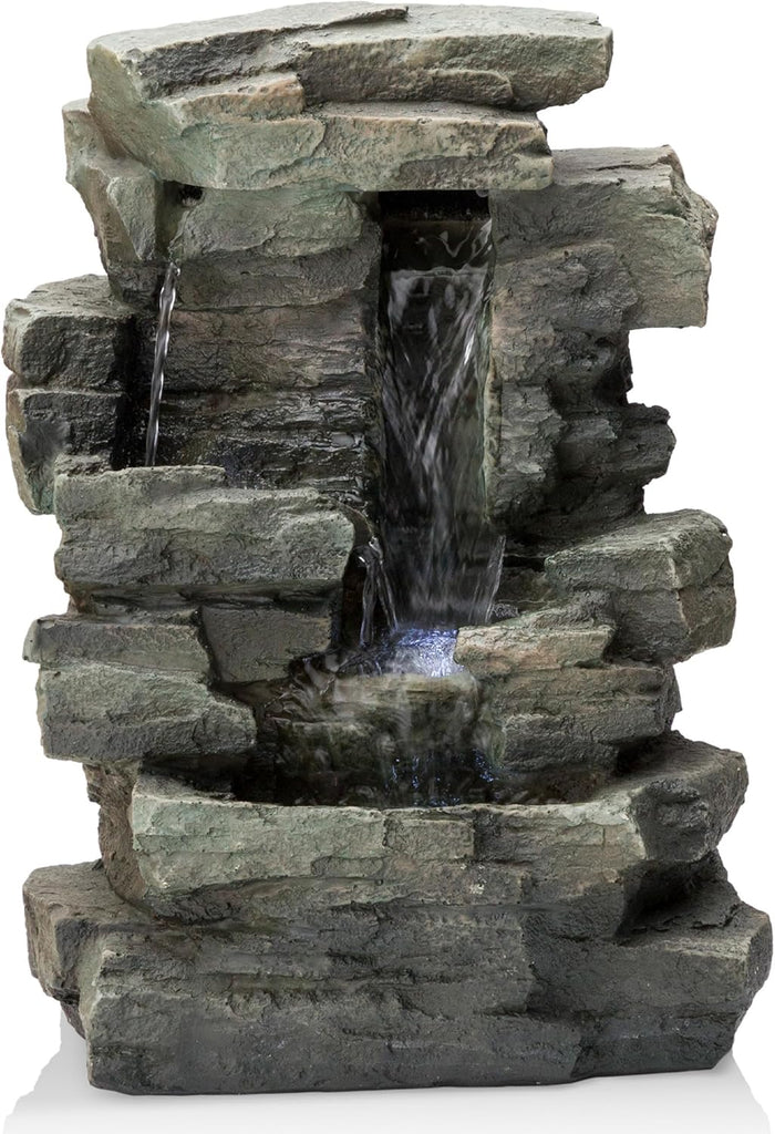 13" Tall Indoor Tabletop Water Fountain, 4 Tier Cascading Water Feature with LED Lights, or Zen Decor, Gray