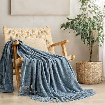 Soft Chenille Throw Blanket, Cozy Plush Fuzzy Decorative Chenille Knit Throw Blanket with Tassels, Lightweight