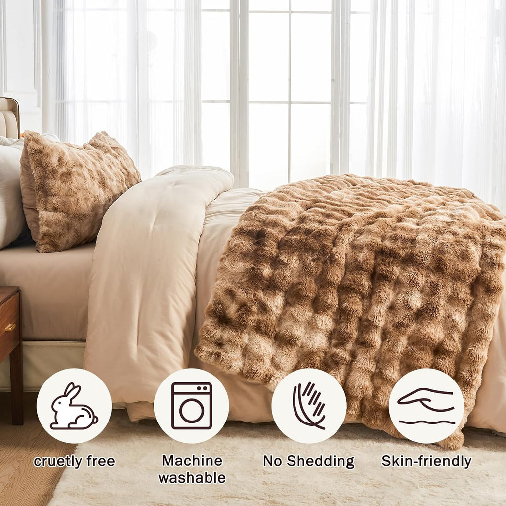 Faux Fur Blanket Queen Tie Dye Brown - Big Bubble Rabbit Cozy Blanket for Couch, Thick Furry Plush Shaggy Blankets