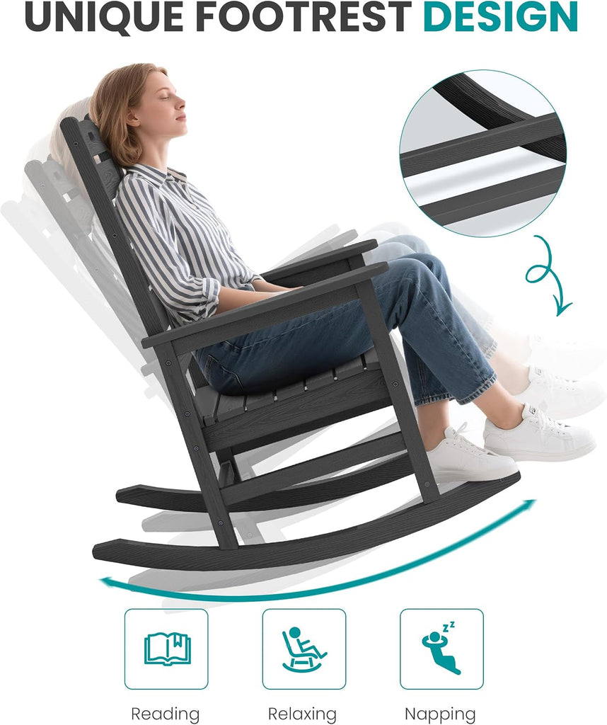 2-Pc Rocking Chair Set with Footboard, HDPE, 350lbs Cap, Gray | Oversized HDPE Rocking Chair with Footrest for