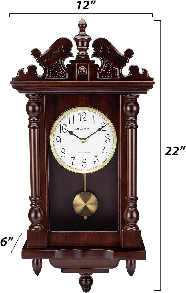 Wall Clock with Real Wood, 4 Chime Options, Swinging Pendulum, Antique Vintage Design, 22" Large