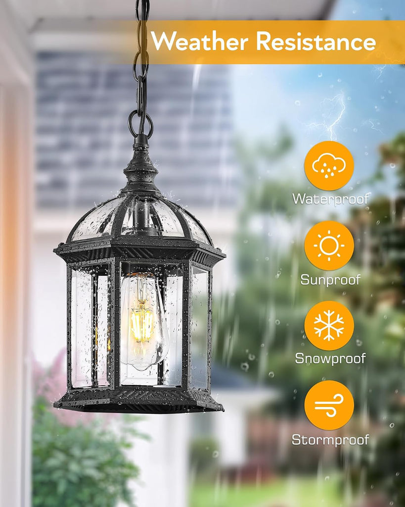 13.8" Large Outdoor Pendant Light Fixture, Black Hanging Porch Lights with Tempered Glass, Anti-Rust