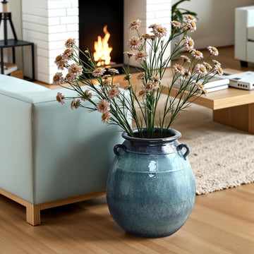 LuxenHome Large Rustic Floor Vase, 17.5'' Tall Ocean Blue Round Ceramic Vases for centerpieces, Farmhouse Flower Vase