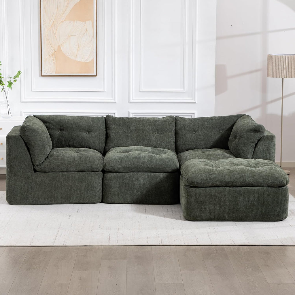 Tufted Cushions Cloud Sectional Boneless Sectional Sofa with Movable Ottoman, 112" Oversized Modular Convertible L