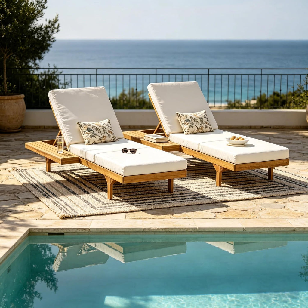 Acacia Wood Chaise Lounge Chair Set of 2, Double/Single Outdoor Sunbathing Pool Lounger with 4'' Triple-Folds
