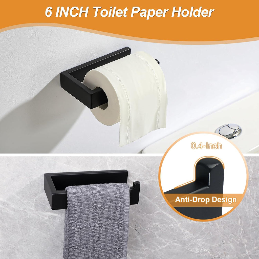 7-Piece Bathroom Hardware Set Black, Includes 16 Inch Towel Bar, Towel Ring, Toilet Paper Holder & 4Pcs Coat Hooks