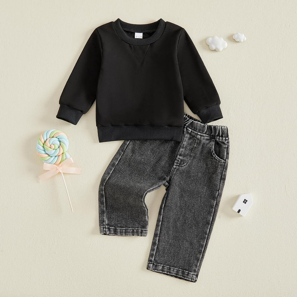 Toddler Boy Fall Outfits Solid Long Sleeve Pullover Denim Pants 2 Pcs Set