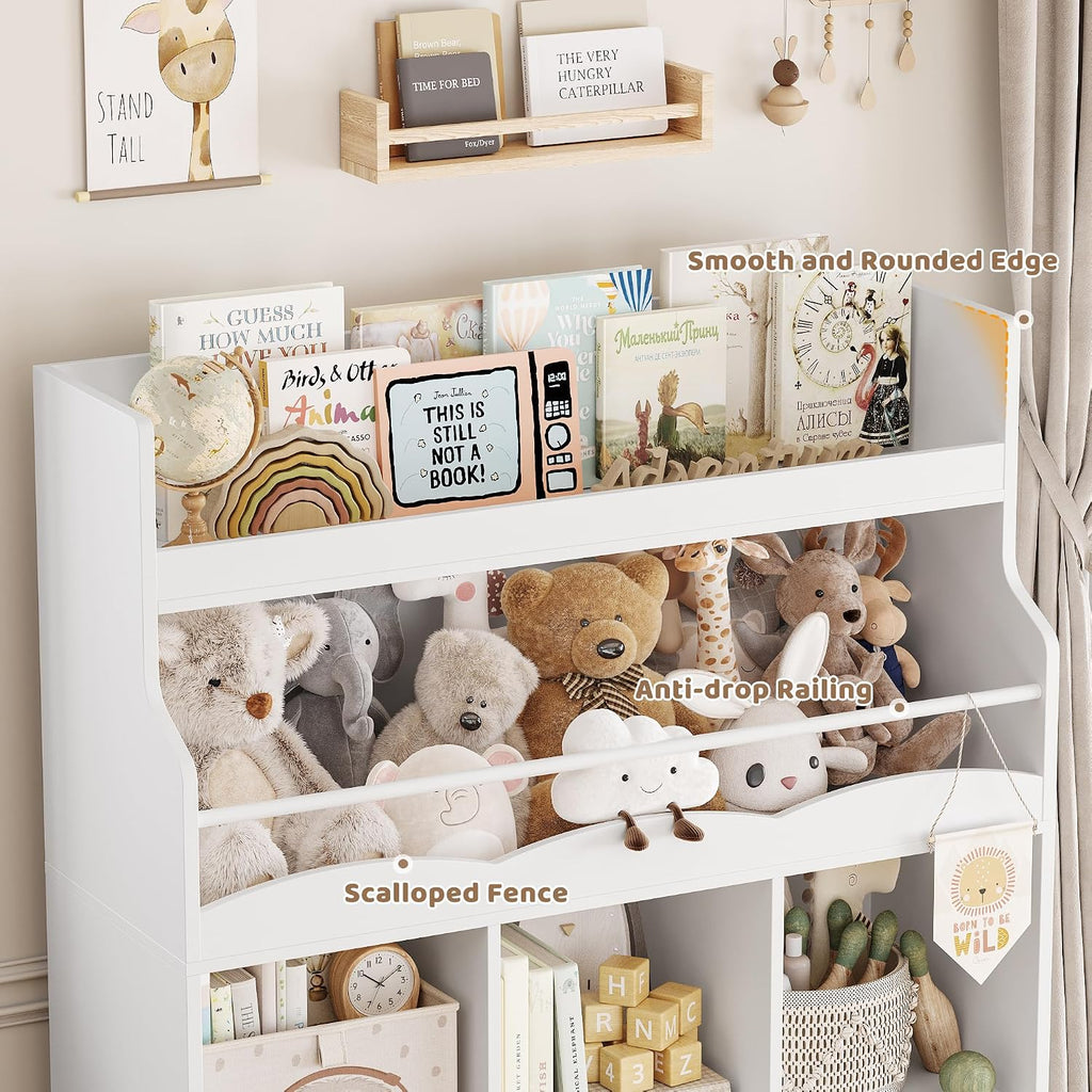 Kids Toy Storage Organizer with Bookshelf, Multifunctional Book Shelf with 3 Movable Toy Organizers for Kids Room