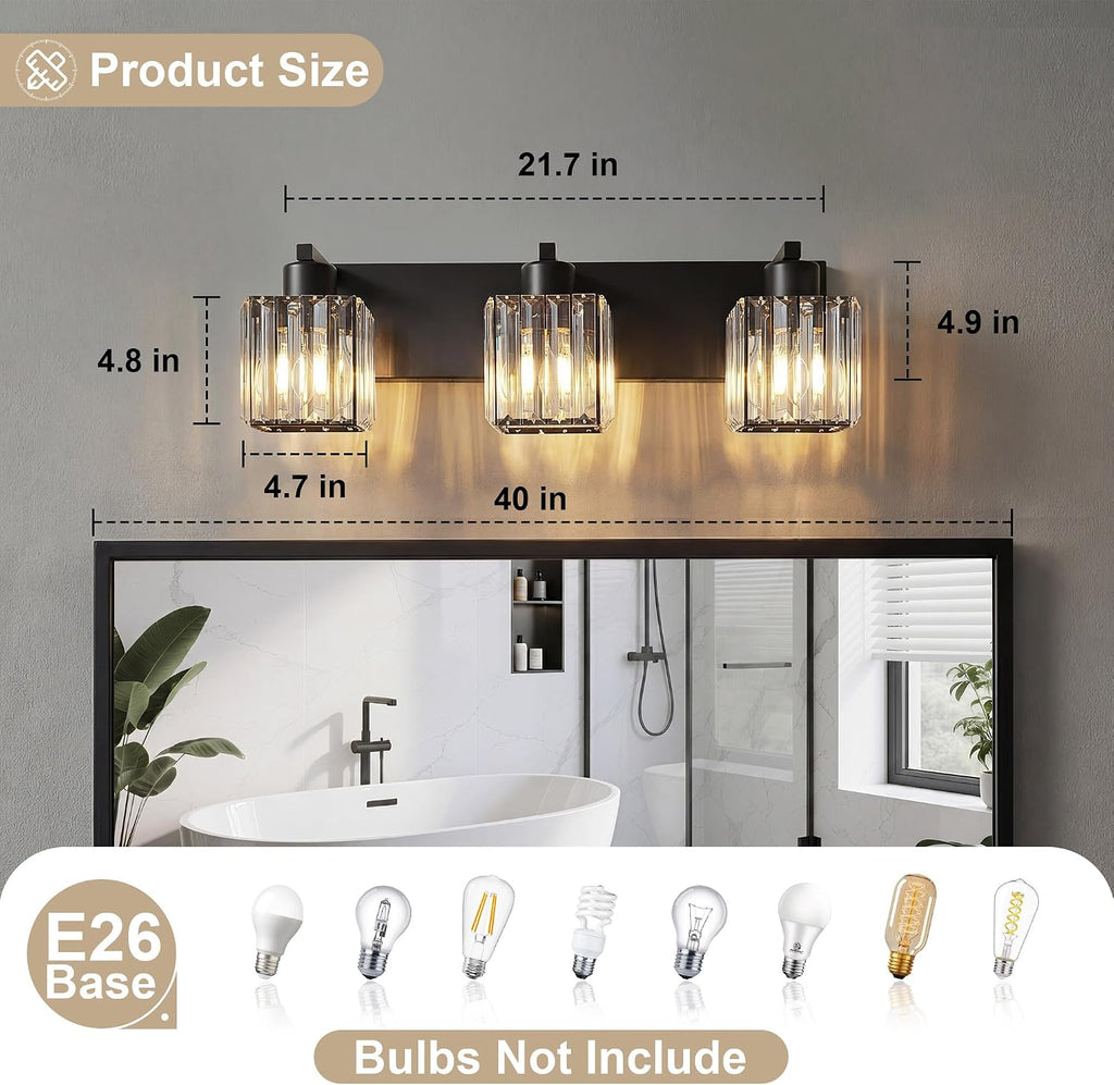 Modern Bathroom Vanity Light, 3-Light K9 Crystal Bathroom Lighting Fixtures Over Mirror, Black Vanity Light with