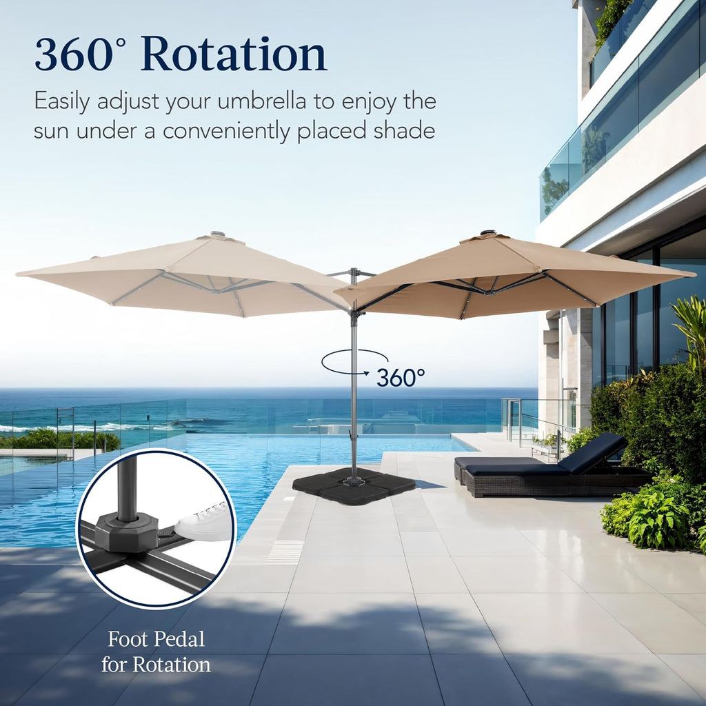 10ft Solar LED Offset Cantilever Hanging Market Patio Umbrella, Smooth 360° Rotation, 8 Sturdy Ribs, Easy Adjustment