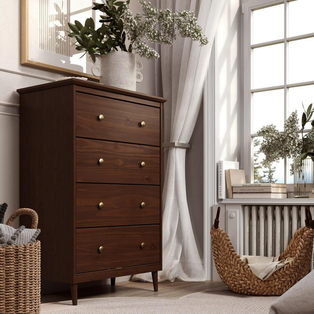 Solid Pine Wood 4 Drawer Dresser Spencer, Walnut