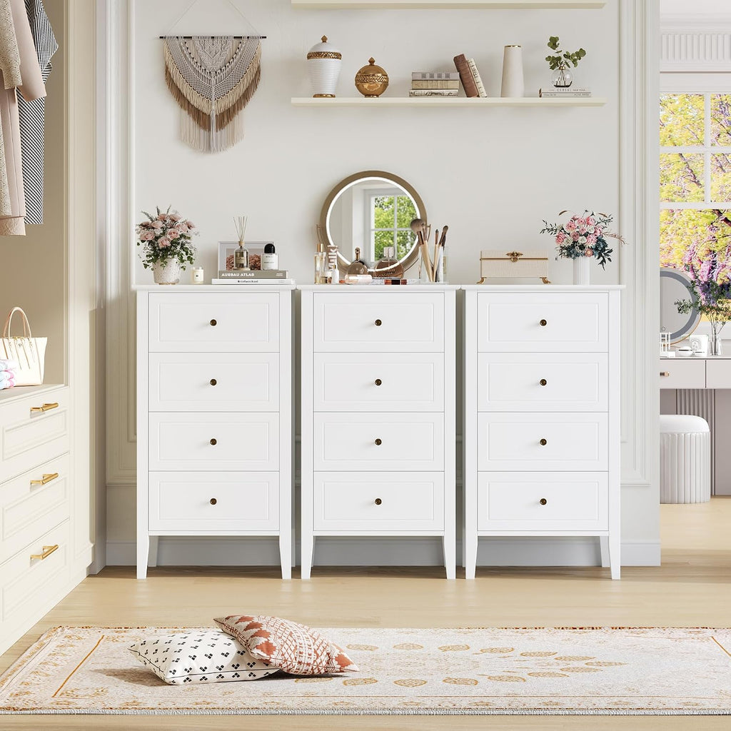 4 Drawer Dresser, White Dresser Antique Chest of Drawers with Solid Frame, Tall Wood Storage Chest Cabinet , White