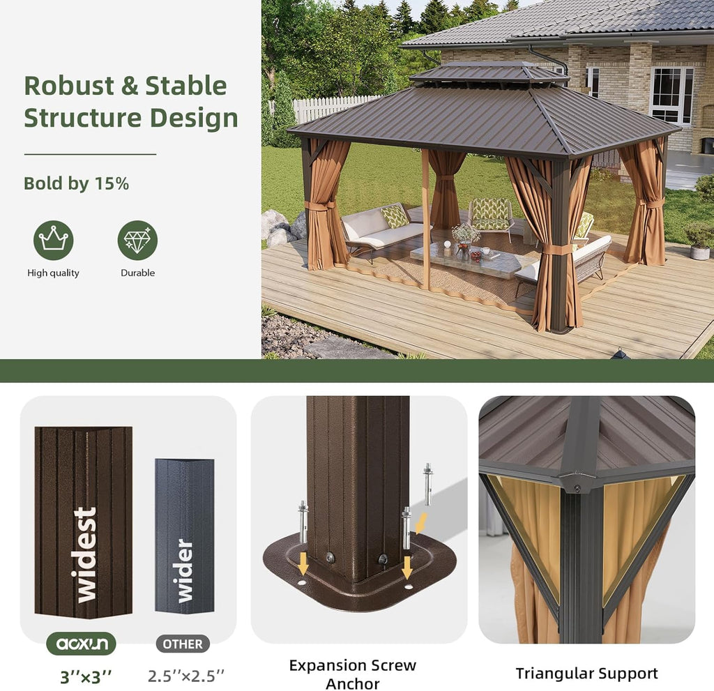 12'x16' Hardtop Gazebo, Permanent Metal Pavilion with Galvanized Steel Double Roof