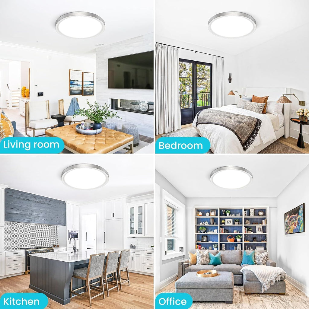 12 inch Flush Mount LED Ceiling Light Fixture, 3000K 4000K 6500K Adjustable, 28W 3200lm Brushed Nickel Satin Round