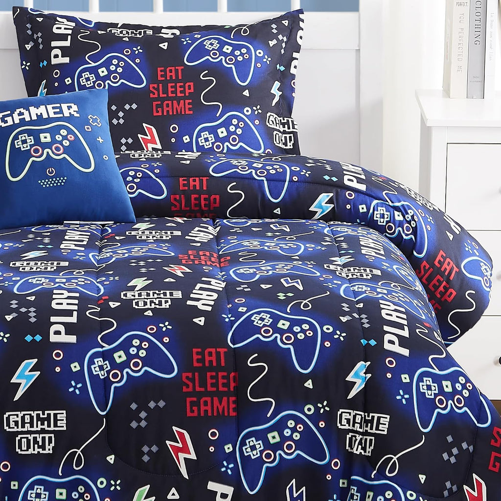 Kids Comforter Set for Boys, Glow in The Dark Gamer Bedding Set 1 Comforter, 1 Decor Pillow, 1 Pillow Sham