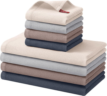 100% Cotton Kitchen Towels and Dishcloths Set - 8 Pack Waffle Weave Soft and Absorbent Dish Towels - 26 X 16 Inch and
