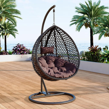 Egg Swing Chair Outdoor with Stand, Indoor Hanging Egg Chair | Rattan Basket Chair with Cushion and Pillow, Foldable