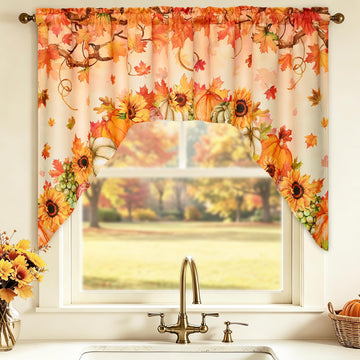 Fall Valance for Windows Maple Leaves Swag Valance Pumpkin Sunflower Short Curtain for Windows Rod Pocket Small